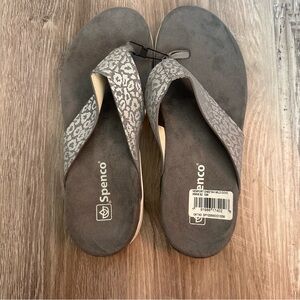 Brand new Spenco cheetah print sandals, gray size 10W. Excellent arch support.